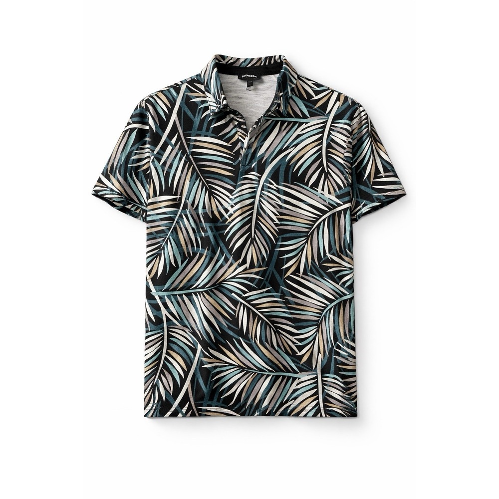 Express Men's Large Tropical Palm Print Stretch Polo/ Short Sleeve Cotton Blend